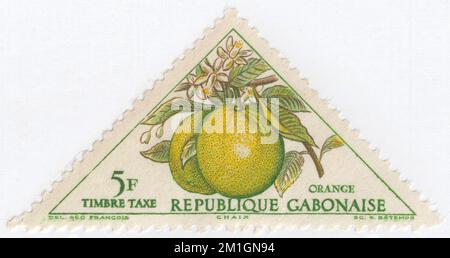 GABON - 1962 December 10: An 5 franc multicolored postage due stamp depicting Oranges. An orange is a fruit of various citrus species in the family Rutaceae. It primarily refers to Citrus sinensis, which is also called sweet orange, to distinguish it from the related Citrus aurantium, referred to as bitter orange. The sweet orange reproduces asexually (apomixis through nucellar embryony); varieties of sweet orange arise through mutations. The orange is a hybrid between pomelo (Citrus maxima) and mandarin (Citrus reticulata) Stock Photo