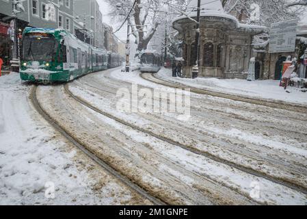 istanbul - turkey , December 9 2017 : views from snowy istanbul streets , snow and tram concept Stock Photo