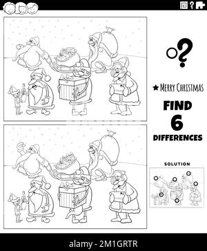 Black and white cartoon illustration of finding differences between pictures educational game for children with Santa Clauses characters on Christmas Stock Vector