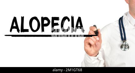 Medicine concept. Doctor writes the word - ALOPECIA. Image of a hand holding a marker isolated on a white background. Stock Photo