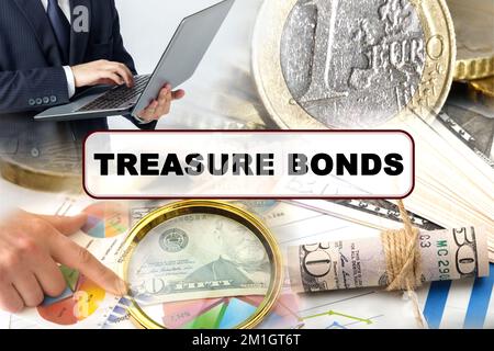 Business concept. Photo collage of photographs on financial topics, the inscription in the center - TREASURE BONDS Stock Photo