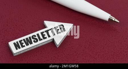 Business and finance concept. On a red background lies a white pen and a white arrow with the inscription - NEWSLETTER Stock Photo