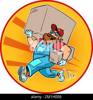 Man delivery courier, loader. A bearded man with a big box. Shopping and Ordering Online Trading Stock Vector