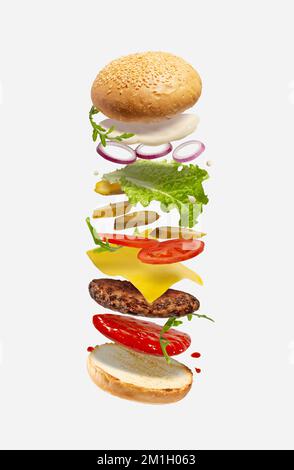 Hamburger levitating on a white isolated background Stock Photo