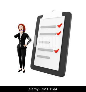 3d render online quiz. 3d rendering woman with to do list. 3d render business question on white background Stock Photo