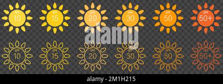 Set of SPF sun protection labels or stickers. Vector illustration isolated on transparent background Stock Vector