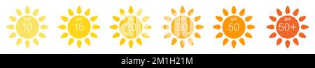 SPF icon set. SPF sun protection labels or stickers. Vector illustration isolated on white background Stock Vector