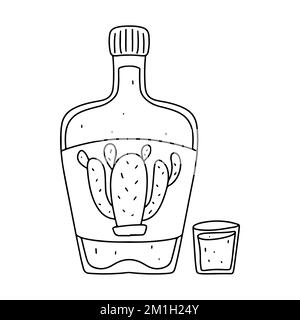 Tequila in bottle in hand drawn doodle style. Mexican traditional drink. Latin American food vector illustration. Stock Vector