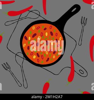 Seamless pattern with Mexican food Chili Con Carne illustration with hot peppers on a gray background Stock Vector