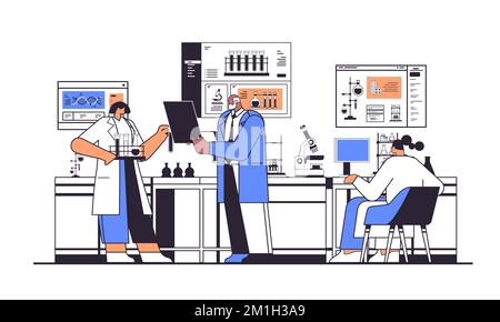 scientist team working with test tubes researchers making chemical experiments in laboratory Stock Vector