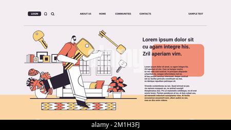 man holding big key buying or renting new apartment house or car vehicle sale real estate rent concept Stock Vector