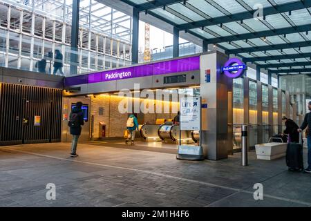 An entrance into The Elizabeth Line London Underground Station at Paddington in London, UK Stock Photo