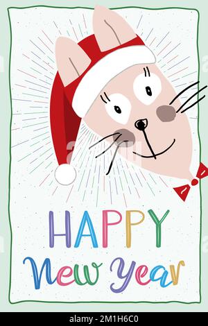 A Happy New Year greeting card. Cute funny bunny in a red Santa hat peeking out from around the corner.  Multicolored fireworks in the background. Stock Vector