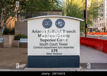 Phoenix, AZ - Nov. 10, 2022: Sign for the Arizona Judicial Branch Maricopa County Superior Court Stock Photo