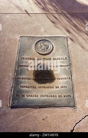 Phoenix, AZ - Nov. 10, 2022: This Centennial Time Capsule, commemorating the 100th anniversary of the selection of the Phoenix townsite, was deposited Stock Photo
