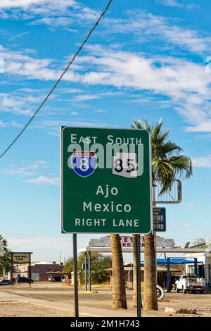 Gila Bend, AZ - Nov. 28, 2022: Sign for Interstate 8 and Arizona 85 toward Ajo, Arizona and Mexico. Stock Photo