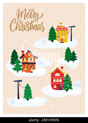 Winter Houses Beige Postcard Stock Vector