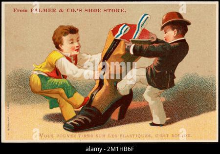 From Palmer & Co's shoe store. Vous pouvez tirer sur les elastiques, c'est solide. , Boys, Shoes, 19th Century American Trade Cards Stock Photo