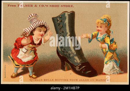 From Palmer & Co's shoe store. Quelle belle bottine pour aller au marche!! , Girls, Shoes, 19th Century American Trade Cards Stock Photo