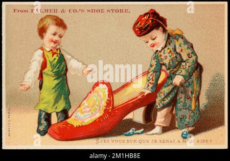 From Palmer & Co's shoe store. Etes vous sur que je serai a mon aise? , Children, Shoes, 19th Century American Trade Cards Stock Photo