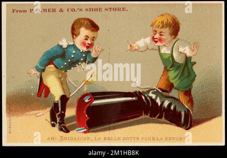 From Palmer & Co's shoe store. Ah! Brigadier, la belle botte pour la revue! , Boys, Shoes, 19th Century American Trade Cards Stock Photo