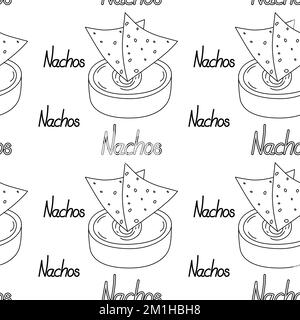 Endless pattern with traditional corn Mexican chips Nachos and sauce in bowl with lettering Nachos by hand. Latin American catering. Backdrop texture. Isolate. Good for wrapping, wallpaper, cards. EPS Stock Vector