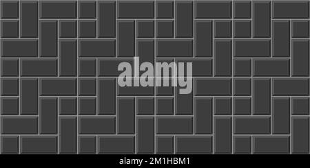 Black cobblestone tile background. Pavement texture. Stone or ceramic brick wall pattern. Kitchen backsplash mosaic surface. Bathroom, shower or toilet floor decoration. Vector flat illustration Stock Vector