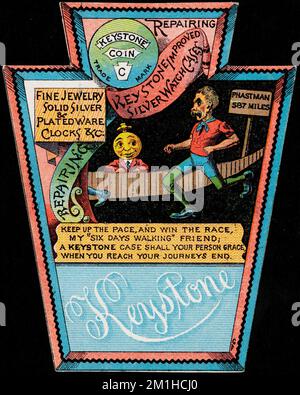 Keystone, Keystone improved silver watch cases, fine jewelry solid silver & plated ware clocks &c, repairing. Keep up he pace, and win the race, my 'six days walking' friend; a Keystone case shall your person grace, when you reach your journeys end. , Men, Clocks & watches, Clock & watch making, 19th Century American Trade Cards Stock Photo