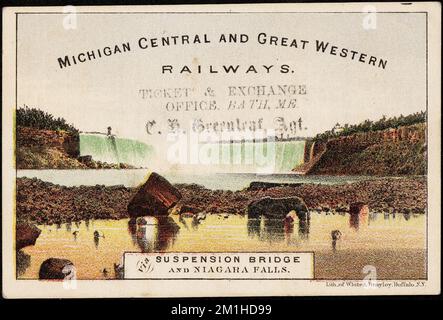 Michigan Central and Great Western Railways. Via suspension bridge and Niagara Falls. , Waterfalls, Railroads, 19th Century American Trade Cards Stock Photo