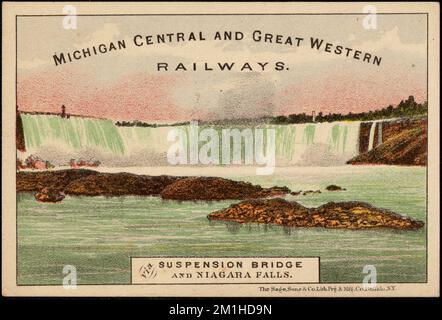 Michigan Central and Great Western Railways. Via suspension bridge and Niagara Falls. , Waterfalls, Railroads, 19th Century American Trade Cards Stock Photo