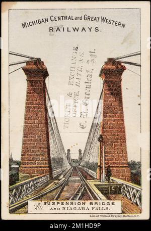 Michigan Central and Great Western Railways. Via suspension bridge and Niagara Falls. , Bridges, Railroads, 19th Century American Trade Cards Stock Photo