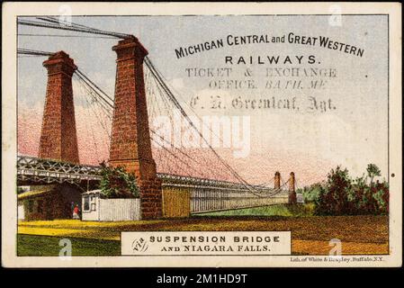 Michigan Central and Great Western Railways. Via suspension bridge and Niagara Falls. , Bridges, Railroads, 19th Century American Trade Cards Stock Photo