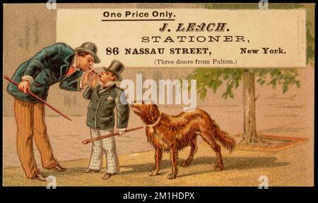 One price only. J. Leach. Stationer, 86 Nassau Street, New York. (Three doors from Fulton.) , Men, Dogs, Smoking, Stationery trade, 19th Century American Trade Cards Stock Photo