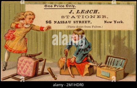 One price only. J. Leach. Stationer, 86 Nassau Street, New York. (Three doors from Fulton.) , Children, Dolls, Knives, Stationery trade, 19th Century American Trade Cards Stock Photo