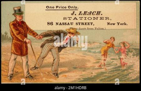 One price only. J. Leach. Stationer, 86 Nassau Street, New York. (Three doors from Fulton.) , People, Beaches, Stationery trade, 19th Century American Trade Cards Stock Photo