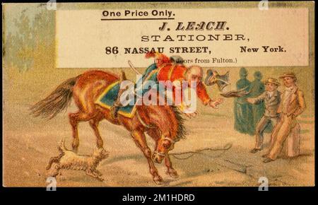 One price only. J. Leach. Stationer, 86 Nassau Street, New York. (Three doors from Fulton.) , Men, Horses, Dogs, Stationery trade, 19th Century American Trade Cards Stock Photo