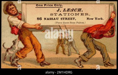 One price only. J. Leach. Stationer, 86 Nassau Street, New York. (Three doors from Fulton.) , Men, Dogs, Stationery trade, 19th Century American Trade Cards Stock Photo