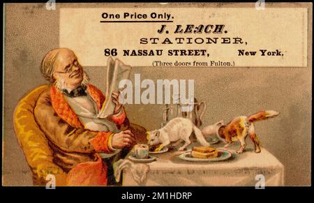 One price only. J. Leach. Stationer, 86 Nassau Street, New York. (Three doors from Fulton.) , Older people, Cats, Stationery trade, 19th Century American Trade Cards Stock Photo