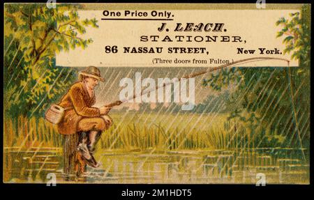 One price only. J. Leach. Stationer, 86 Nassau Street, New York. (Three doors from Fulton.) , Men, Fishing, Fishing & hunting gear, Stationery trade, 19th Century American Trade Cards Stock Photo