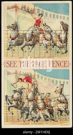 See the page fence - Ben-Hur chariot race, up against it. , Men, Horses, Fences, 19th Century American Trade Cards Stock Photo