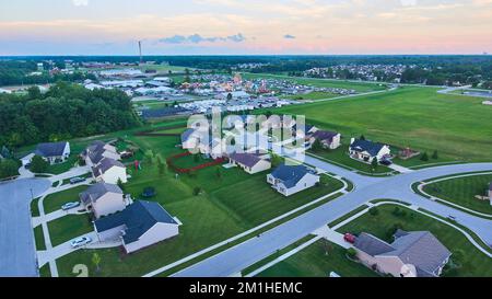 Suburban neighborhood in midwest America Indiana aerial during dusk Stock Photo