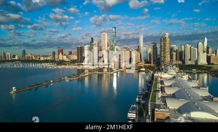 Lake Michigan and Navy Pier by Chicago skyline from above in morning light Stock Photo