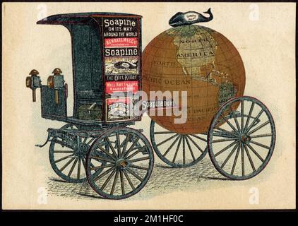 Soapine on its way around the world , Carriages & coaches, Globes, Household soap, 19th Century American Trade Cards Stock Photo