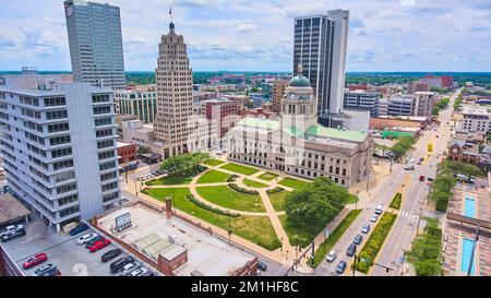 Downtown Fort Wayne aerial at Allen County Courthouse in Indiana Stock Photo