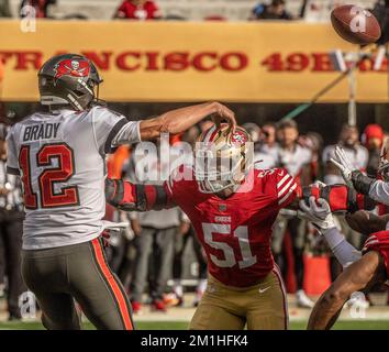 San Francisco 49ers safety Tarvarius Moore, left, and linebacker Azeez  Al-Shaair during an NFL football game against the Los Angeles Chargers in  Santa Clara, Calif., Sunday, Nov. 13, 2022. (AP Photo/Godofredo A.