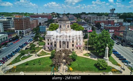 The Square and Courthouse aerial in Bloomington Indiana Stock Photo