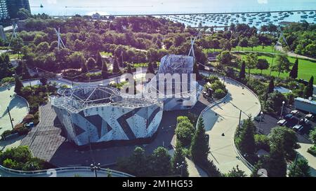 Rock climbing activity center in Millennium Park from above with view of docks and Lake Michigan Stock Photo