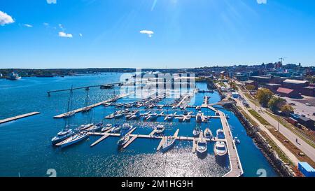 Aerial open view of port filled with boats on Maine coast in Portland Stock Photo
