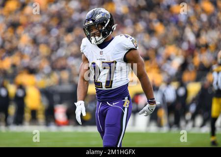 Pittsburgh, United States. 11th Dec, 2022. Baltimore Ravens running back  J.K. Dobbins (27) celebrates his touchdown in the first quarter against the  Pittsburgh Steelers at Acrisure Stadium on Sunday, December 11, 2022