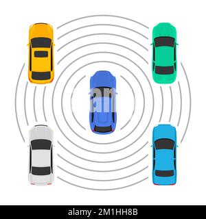 Autonomous car top view futuristic system guidance above. Autonomous car park smart assist icon. Stock Vector